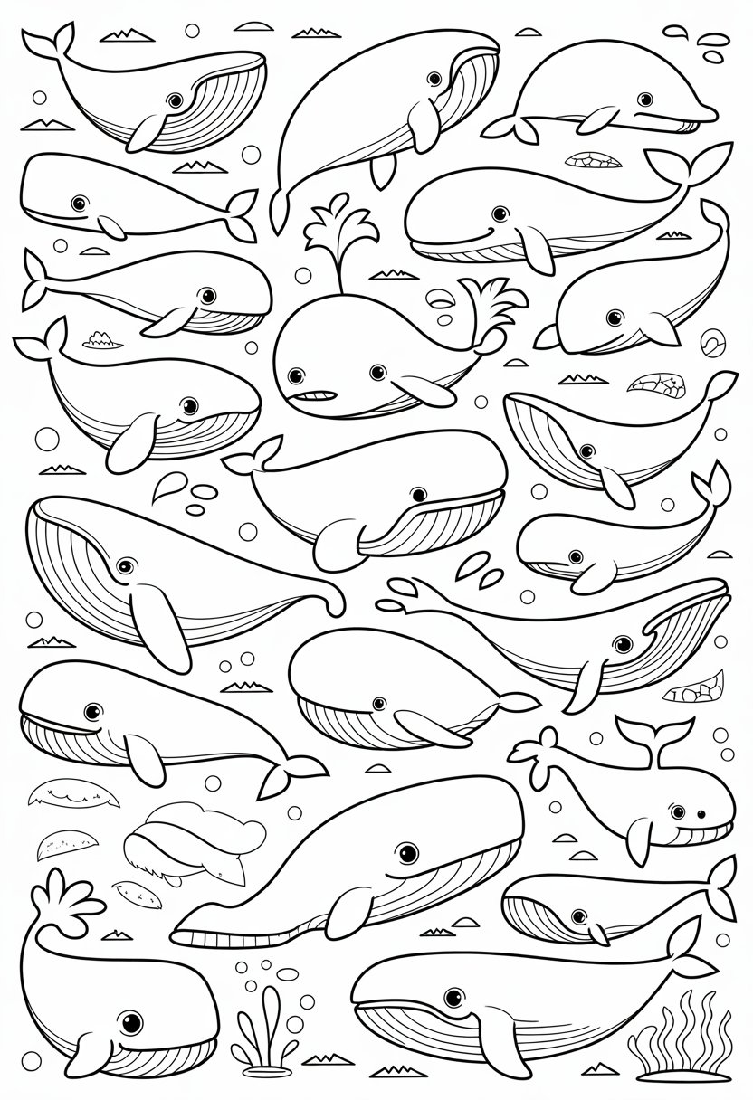 Whale Coloring Pages Printable 10 Best Free Designs for Kids and Adults 8 A collection of thirty different whales in various poses surrounded by waves, bubbles, and sea plants.
