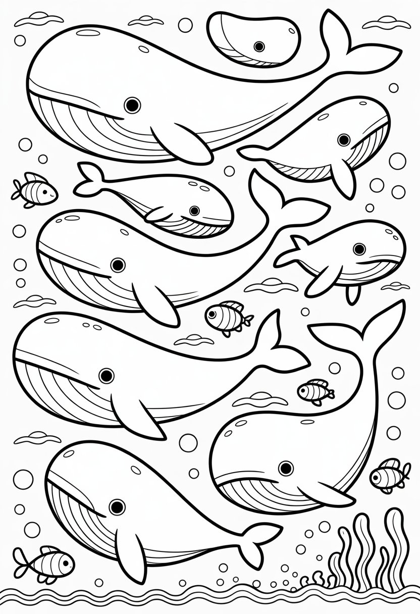 Whale Coloring Pages Printable 10 Best Free Designs for Kids and Adults 9 A group of whales swimming underwater surrounded by bubbles, waves, and small fish.
