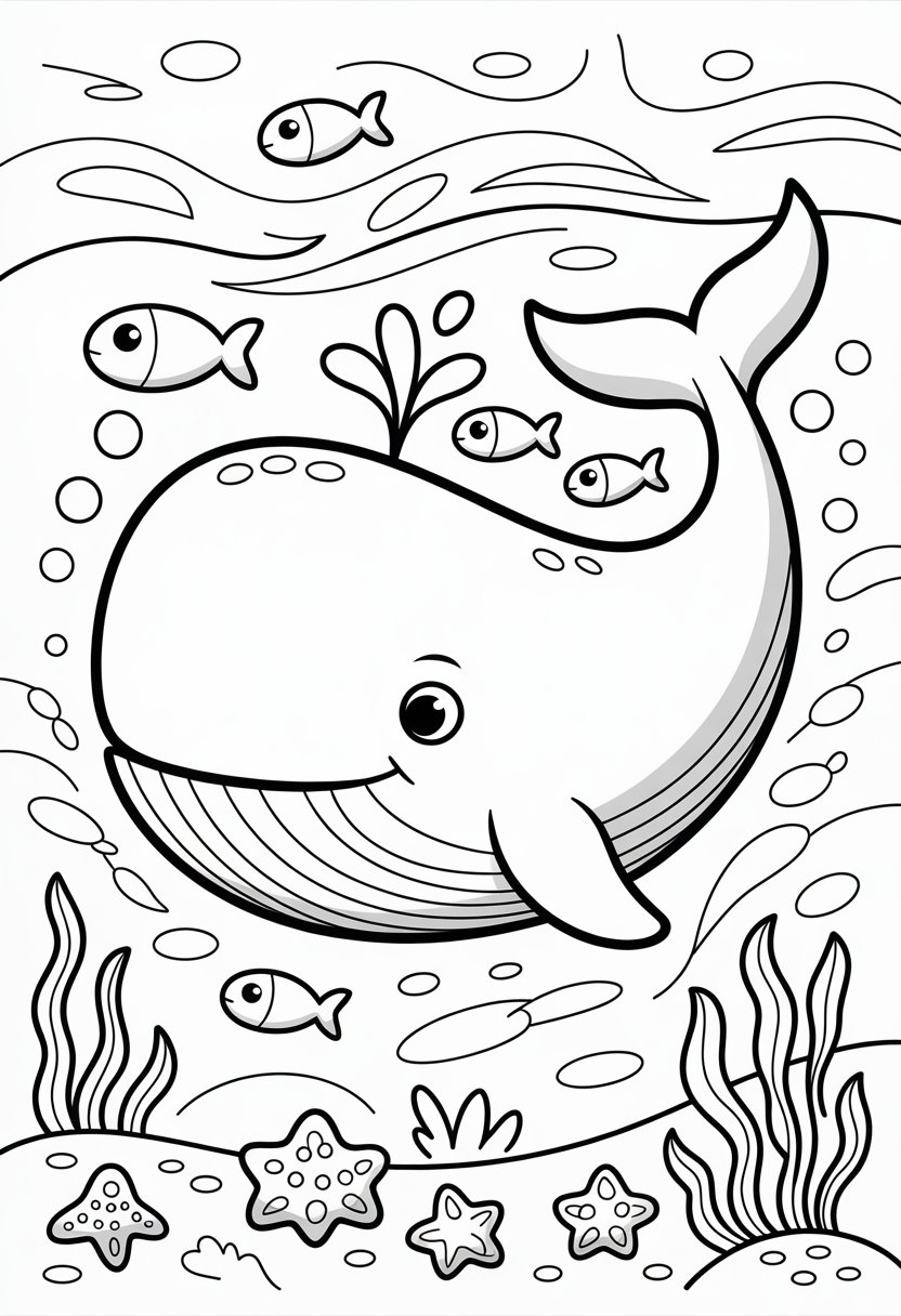 Whale Coloring Pages Printable 10 Best Free Designs for Kids and Adults 10 A large whale swimming in the ocean surrounded by fish, bubbles, seaweed, and starfish on the ocean floor.