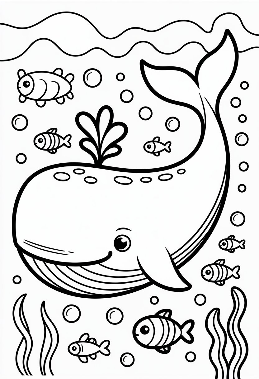 Whale Coloring Pages Printable 10 Best Free Designs for Kids and Adults 11 A large whale surrounded by bubbles, small fish, and seaweed in an underwater scene.