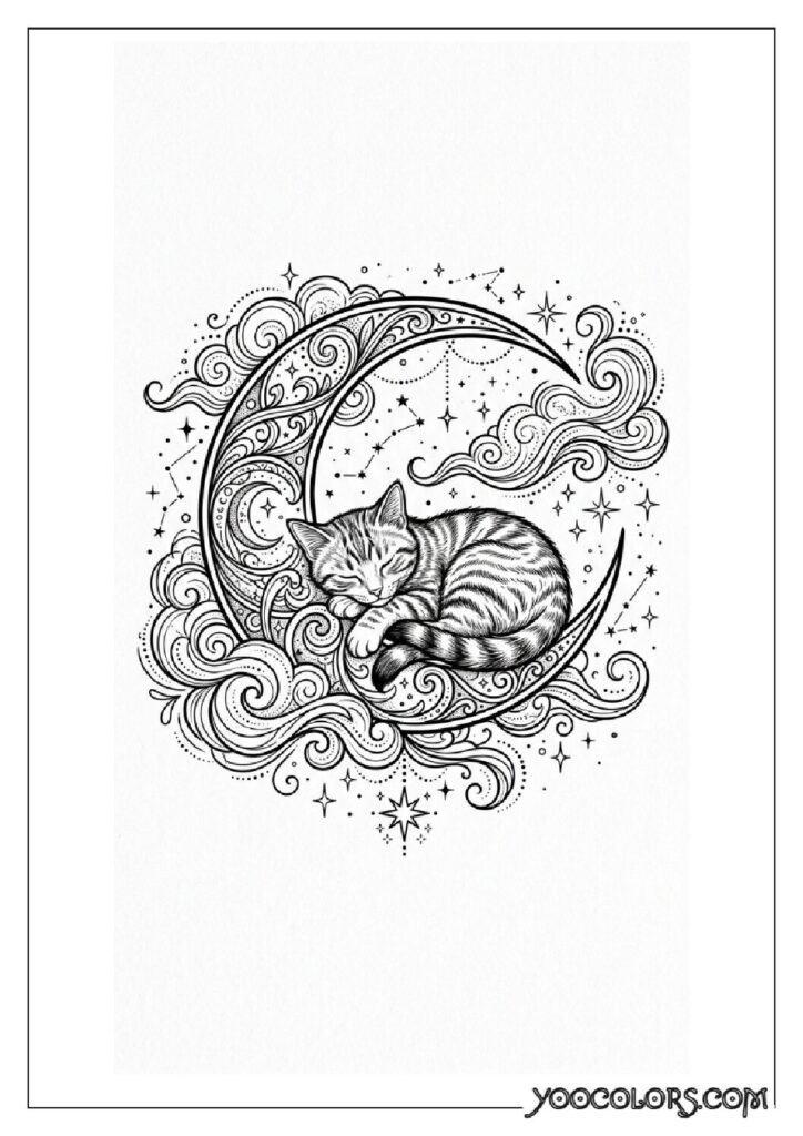 Dope Coloring Pages for Adults: Free Printables to Steal Back Your Quiet Time 5 Crescent moon cradling sleeping cat 202608282024 pdf