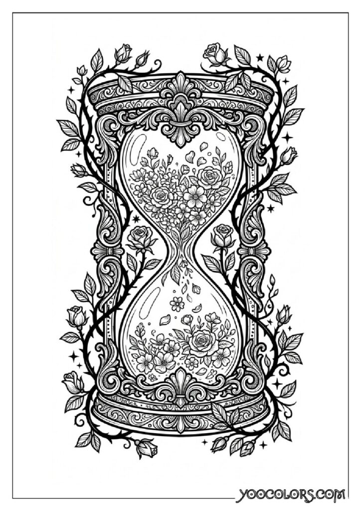 Dope Coloring Pages for Adults: Free Printables to Steal Back Your Quiet Time 12 Hourglass with flowers and vines 202608282024 pdf