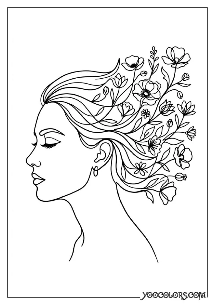 Dope Coloring Pages for Adults: Free Printables to Steal Back Your Quiet Time 38 Line art woman and flowers 202608291400 pdf