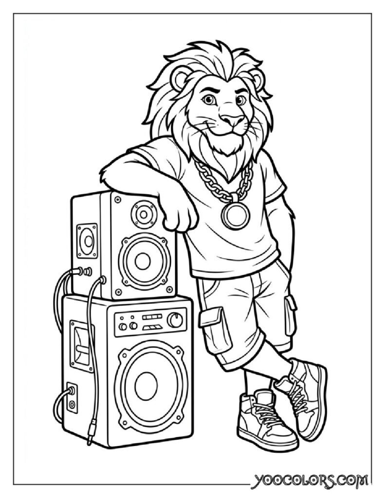 Dope Coloring Pages: The Free Printable Pack Your Kids (and You) Will Actually Be Excited About 14 Lion leaning against speakers 202608281541 pdf