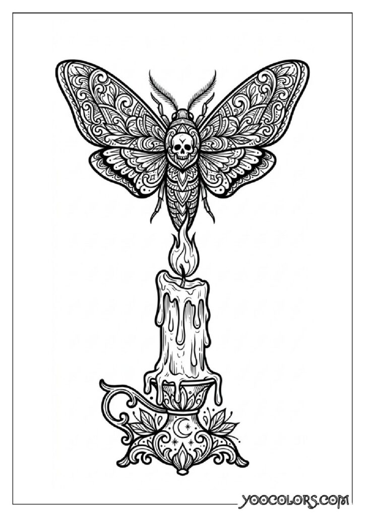 Dope Coloring Pages for Adults: Free Printables to Steal Back Your Quiet Time 14 Moth perched on candle 202608282024 pdf