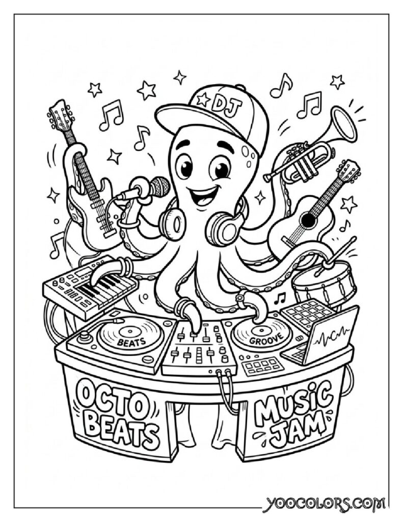 Dope Coloring Pages: The Free Printable Pack Your Kids (and You) Will Actually Be Excited About 16 Octopus DJ playing instruments 202608281541 pdf