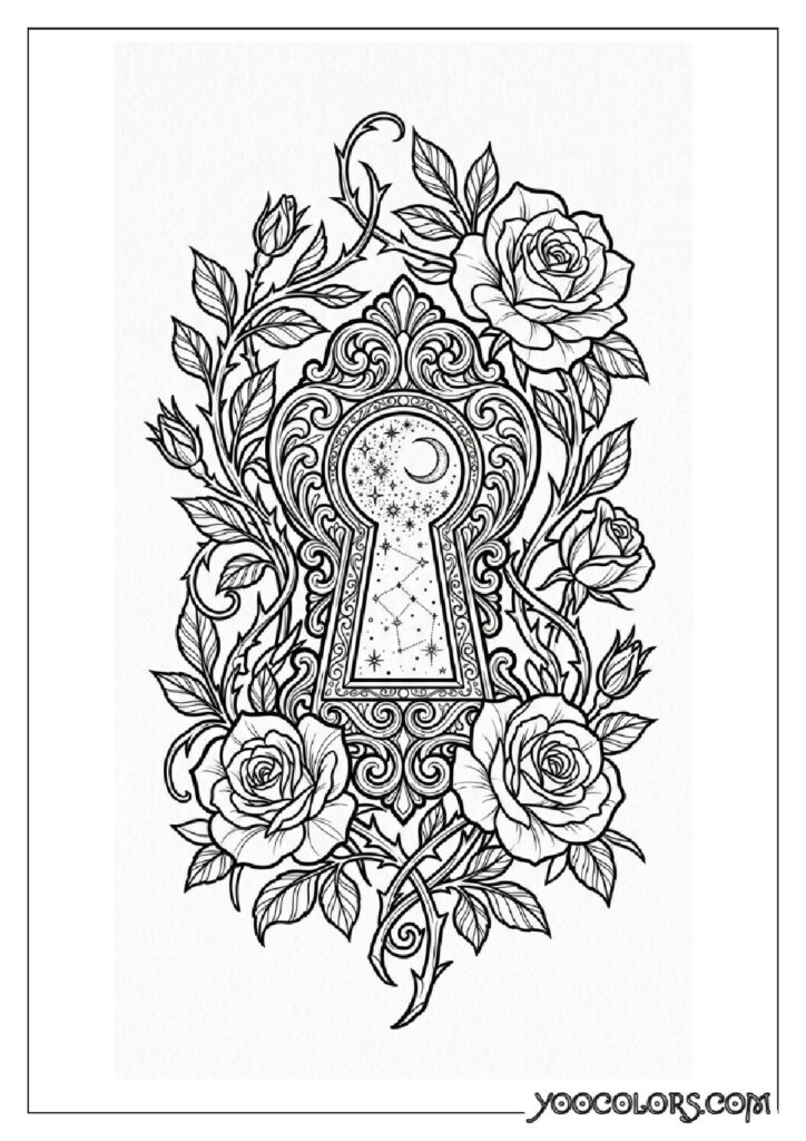 Dope Coloring Pages for Adults: Free Printables to Steal Back Your Quiet Time 13 Ornate keyhole with vines and 202608282024 pdf