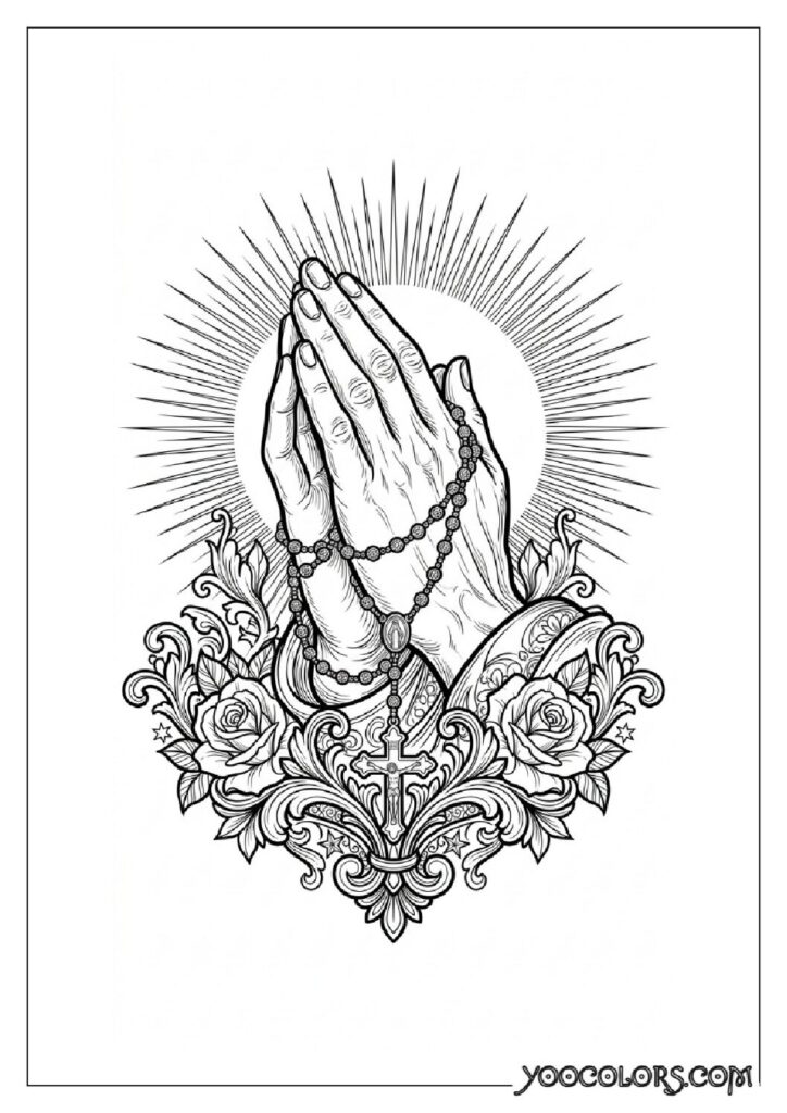 Dope Coloring Pages for Adults: Free Printables to Steal Back Your Quiet Time 16 Praying hands with rosary beads 202608282024 pdf