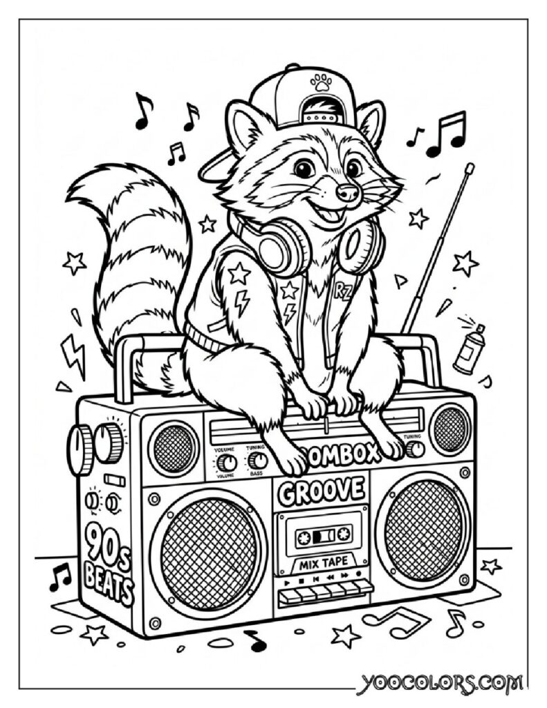 Dope Coloring Pages: The Free Printable Pack Your Kids (and You) Will Actually Be Excited About 18 Raccoon sitting on boombox 202608281541 pdf