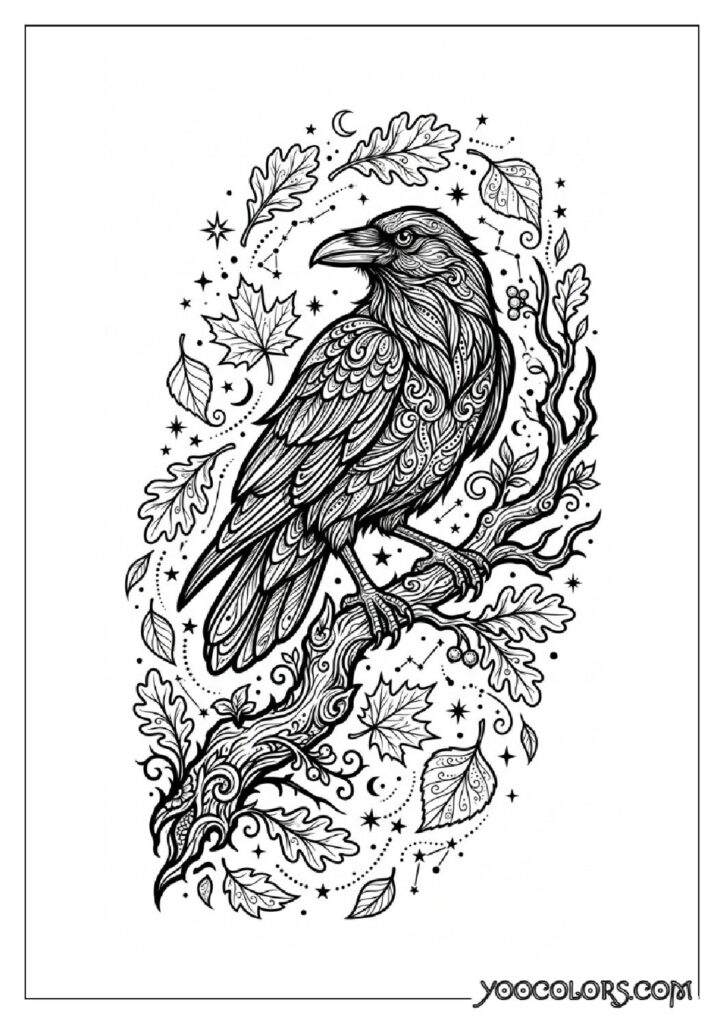 Dope Coloring Pages for Adults: Free Printables to Steal Back Your Quiet Time 15 Raven perched on branch 202608282024 pdf