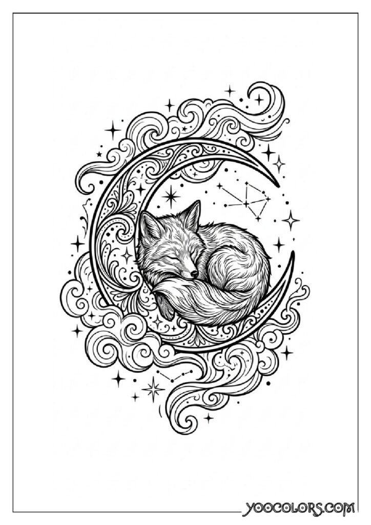 Dope Coloring Pages for Adults: Free Printables to Steal Back Your Quiet Time 17 Sleeping fox inside crescent moon 202608282024 pdf