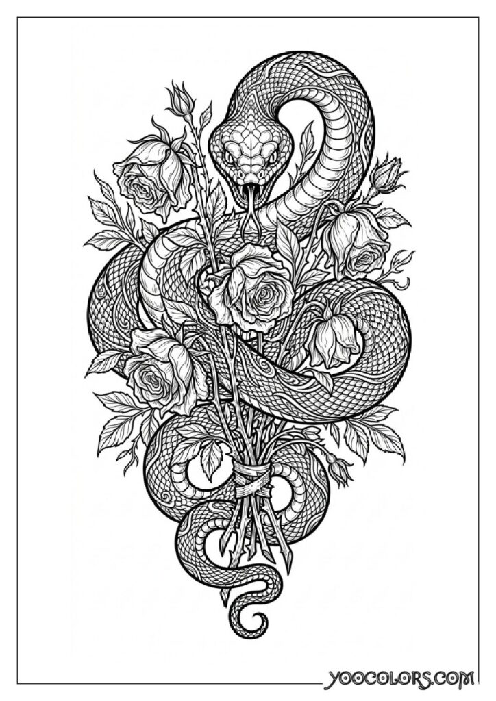 Dope Coloring Pages for Adults: Free Printables to Steal Back Your Quiet Time 20 Snake coiled around roses 202608282024 pdf