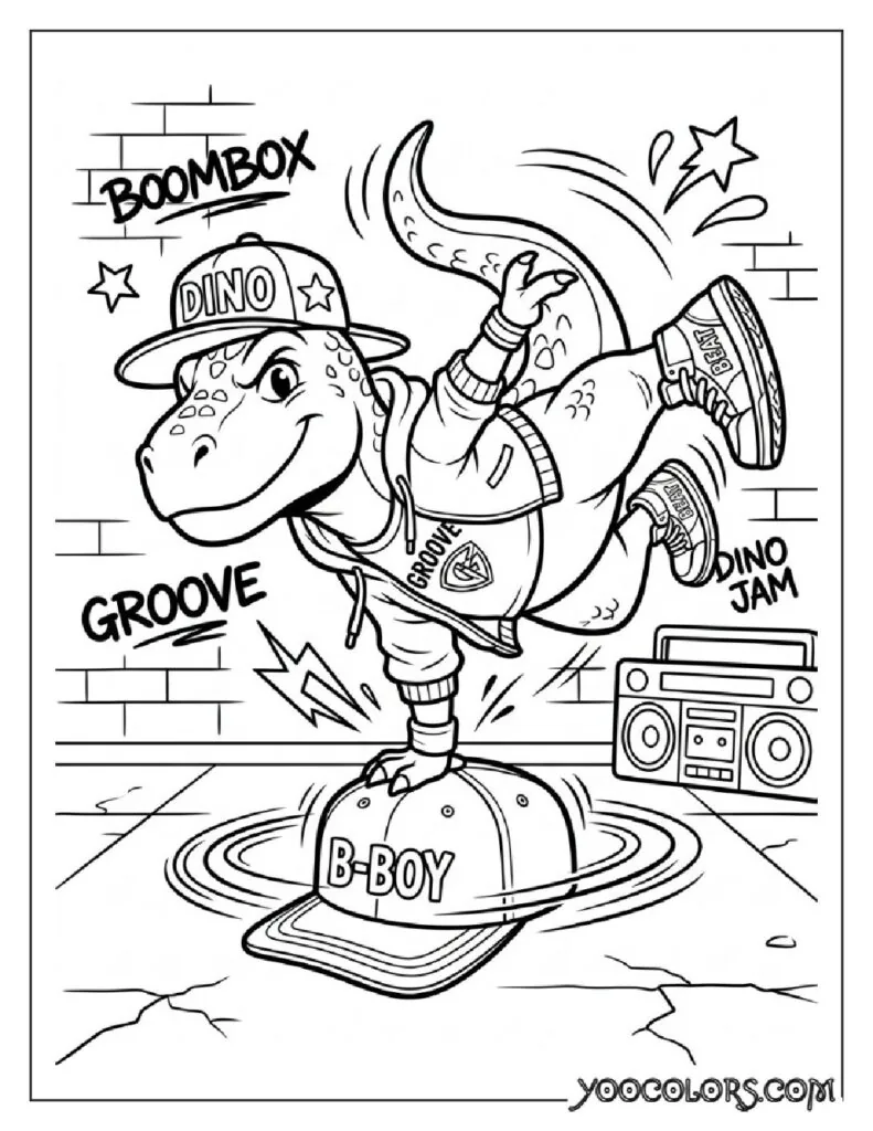 Dope Coloring Pages: The Free Printable Pack Your Kids (and You) Will Actually Be Excited About 23 T Rex breakdancing on cap 202608281541 pdf