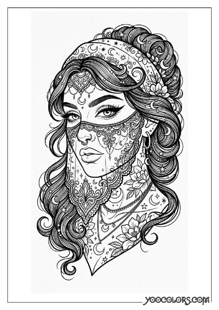 Dope Coloring Pages for Adults: Free Printables to Steal Back Your Quiet Time 22 Woman behind lace veil illustration 202608282024 pdf