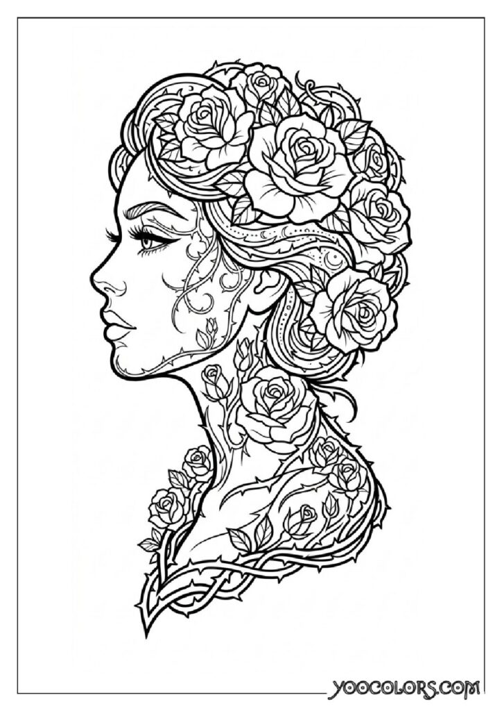 Dope Coloring Pages for Adults: Free Printables to Steal Back Your Quiet Time 23 Woman silhouette made of roses 202608282024 pdf