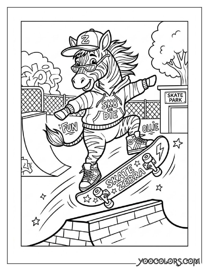 Dope Coloring Pages: The Free Printable Pack Your Kids (and You) Will Actually Be Excited About 4 Zebra skateboarding in sneakers 202608281541 pdf