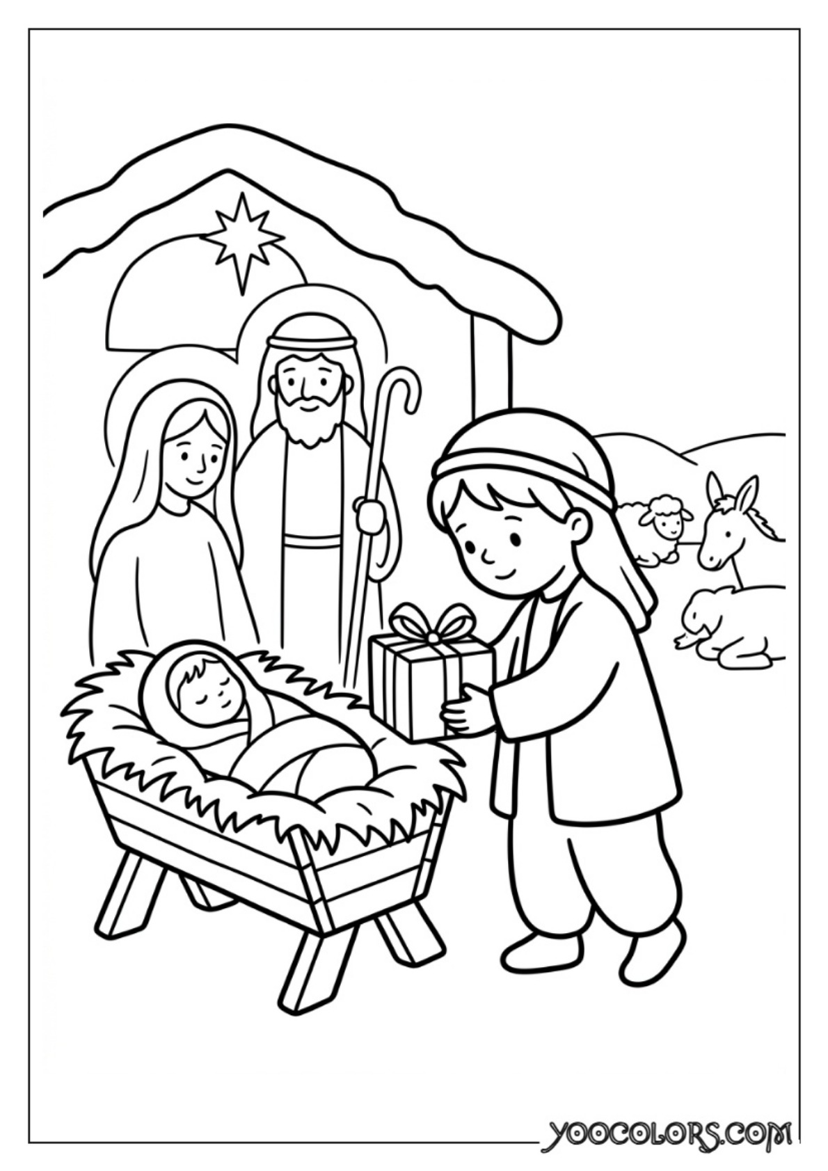 Nativity Coloring Pages: Free Printable Christmas Scenes for Kids 12 Child offering gift at manger