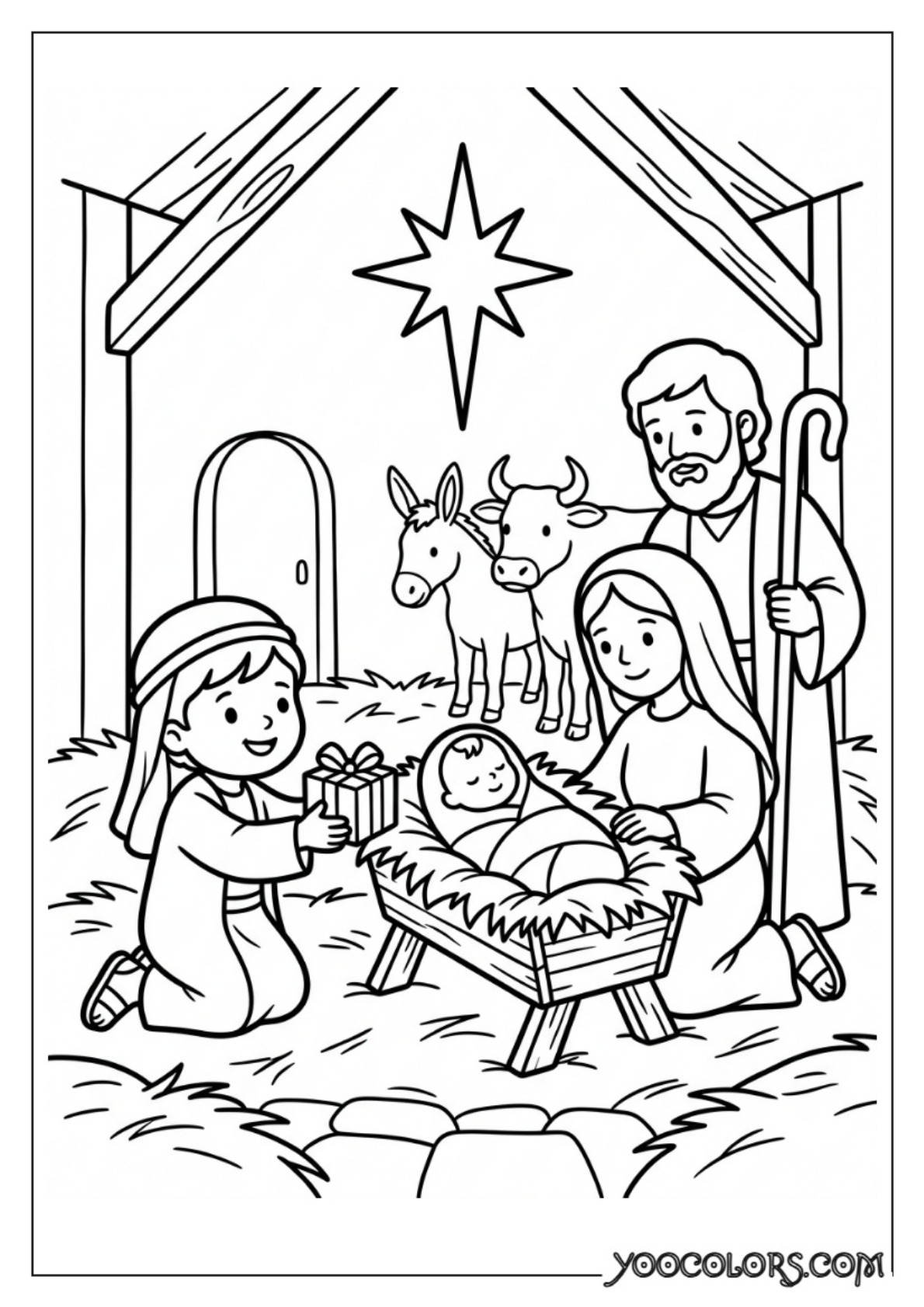 Nativity Coloring Pages: Free Printable Christmas Scenes for Kids 13 Child offering gift at manger