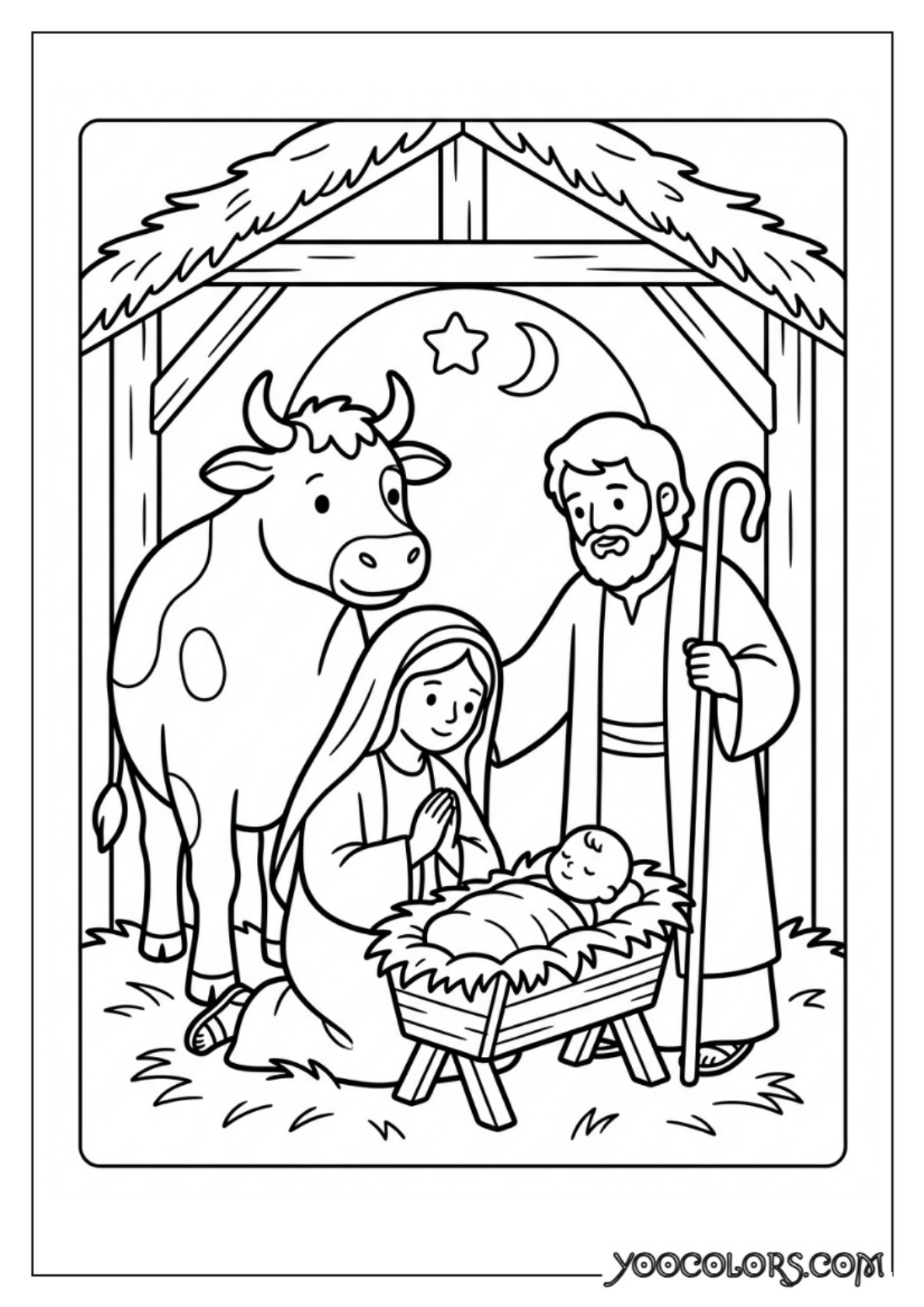Nativity Coloring Pages: Free Printable Christmas Scenes for Kids 17 Cow watching holy family outline