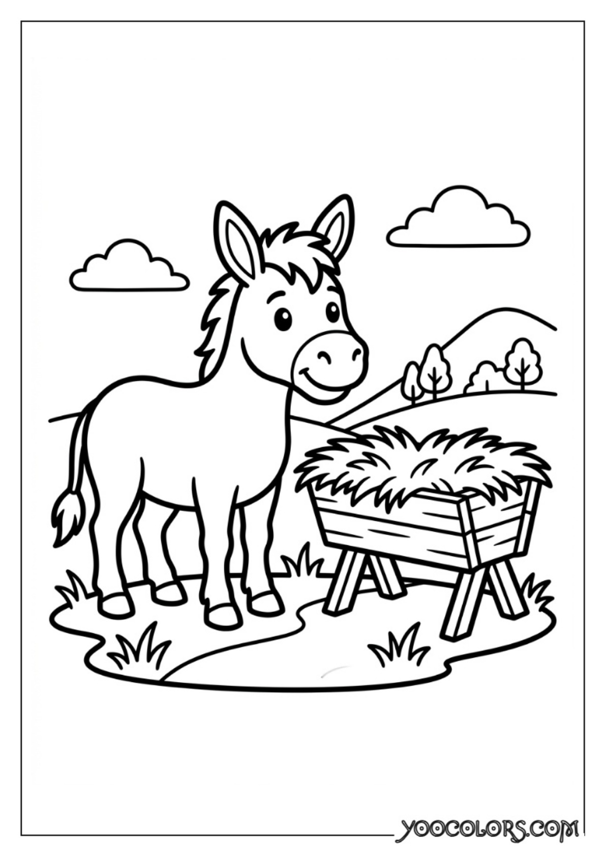 Nativity Coloring Pages: Free Printable Christmas Scenes for Kids 19 Donkey standing near manger colo…