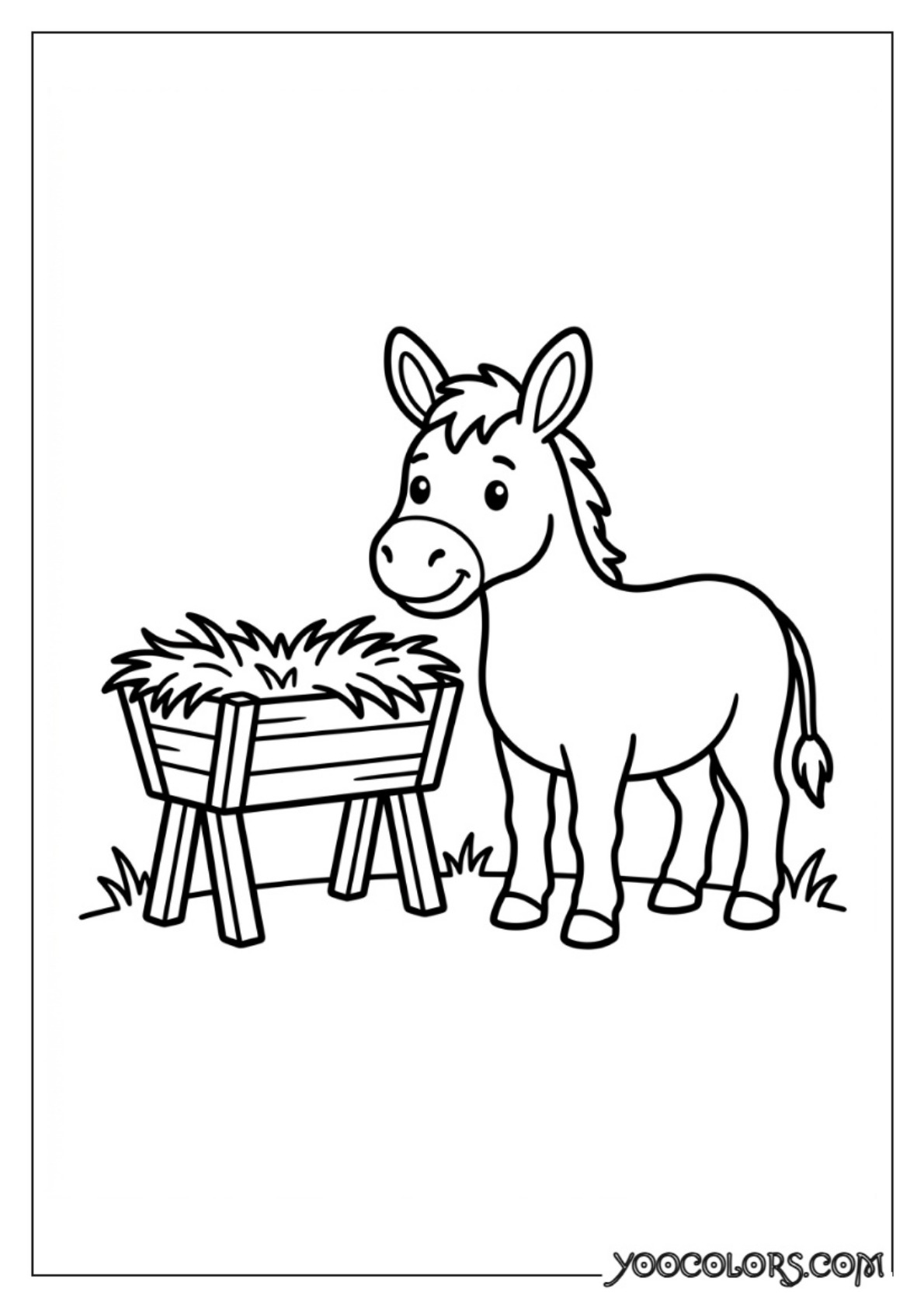 Nativity Coloring Pages: Free Printable Christmas Scenes for Kids 20 Donkey standing near manger outline