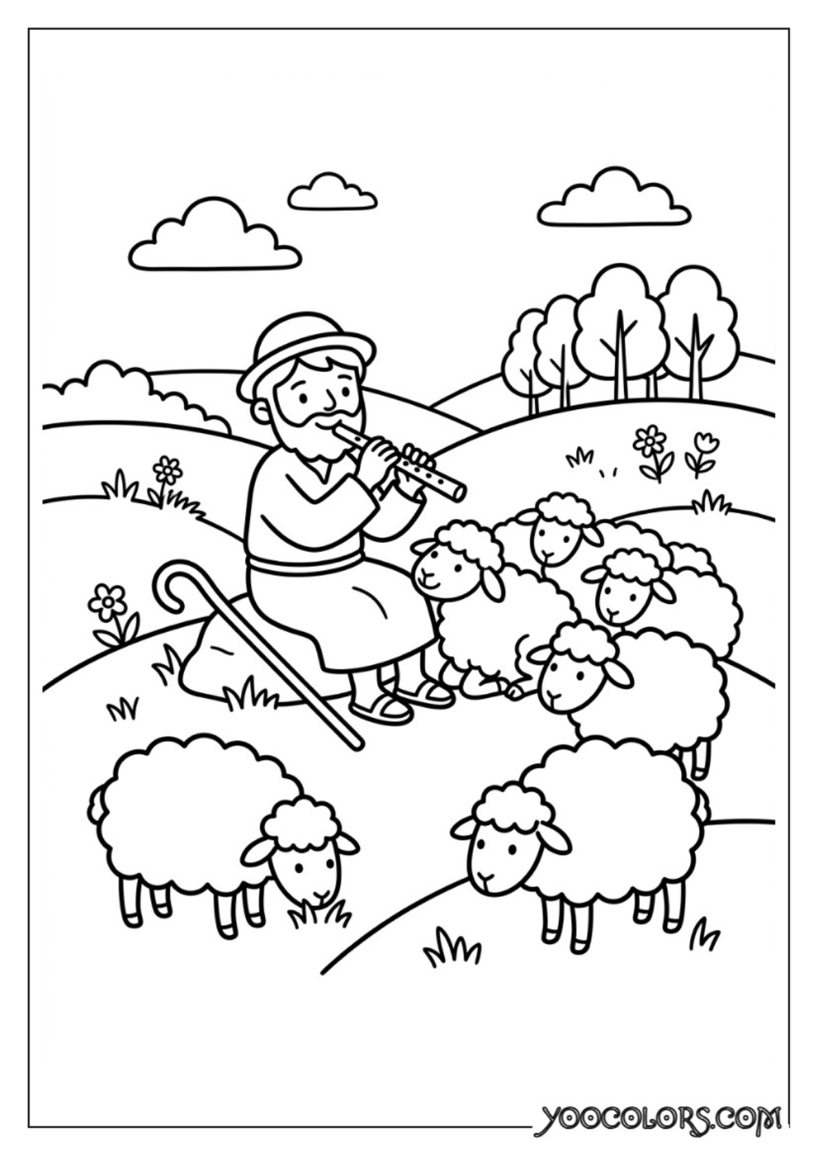 Nativity Coloring Pages: Free Printable Christmas Scenes for Kids 64 Shepherd playing flute for sheep