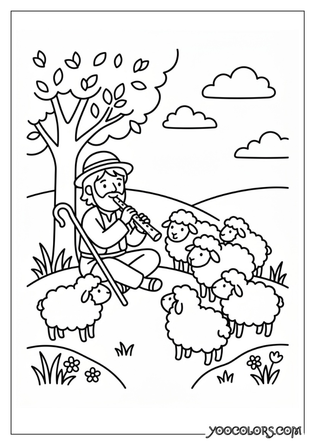 Nativity Coloring Pages: Free Printable Christmas Scenes for Kids 66 Shepherd playing flute for sheep