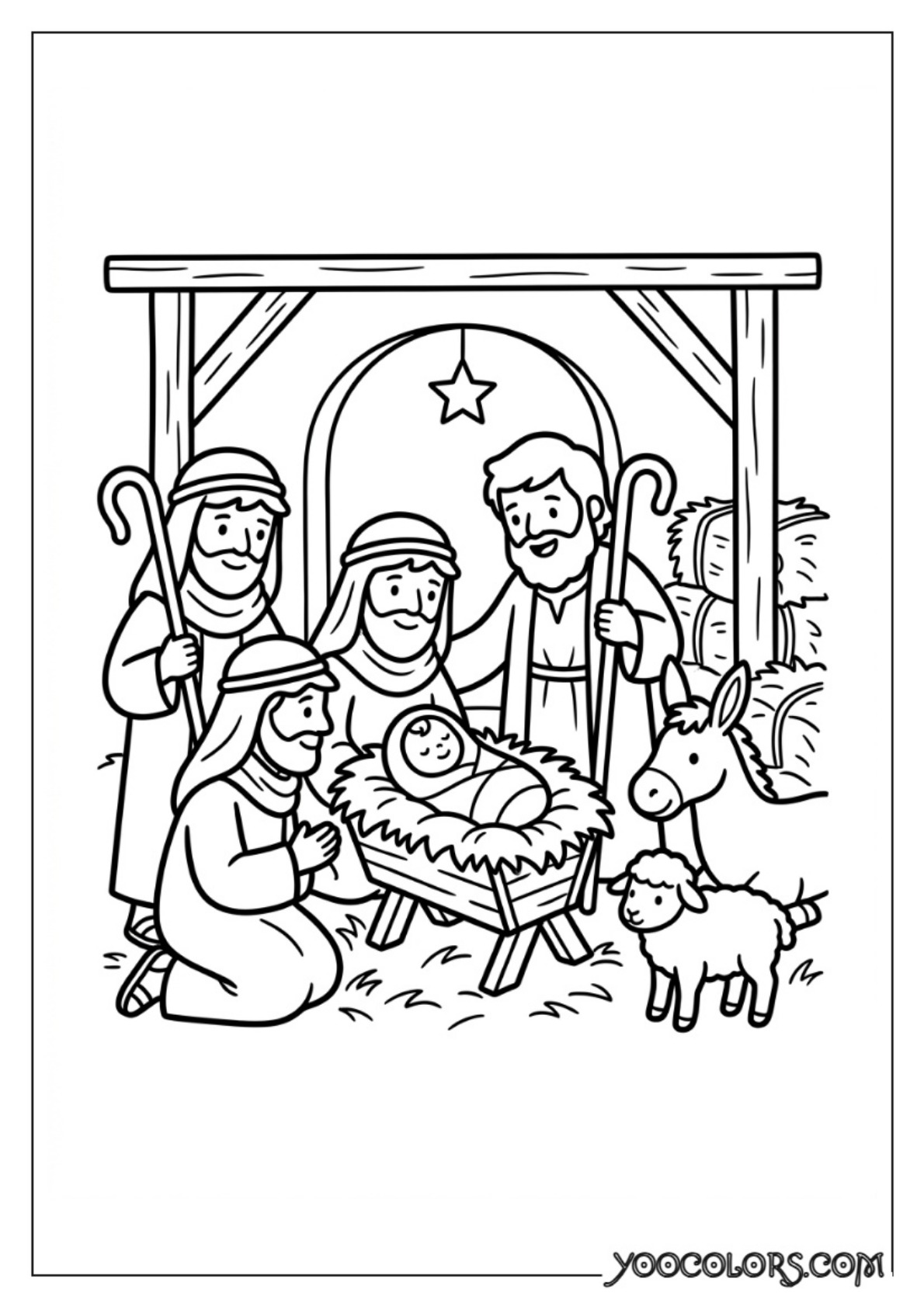 Nativity Coloring Pages: Free Printable Christmas Scenes for Kids 49 Shepherds gathering around baby …