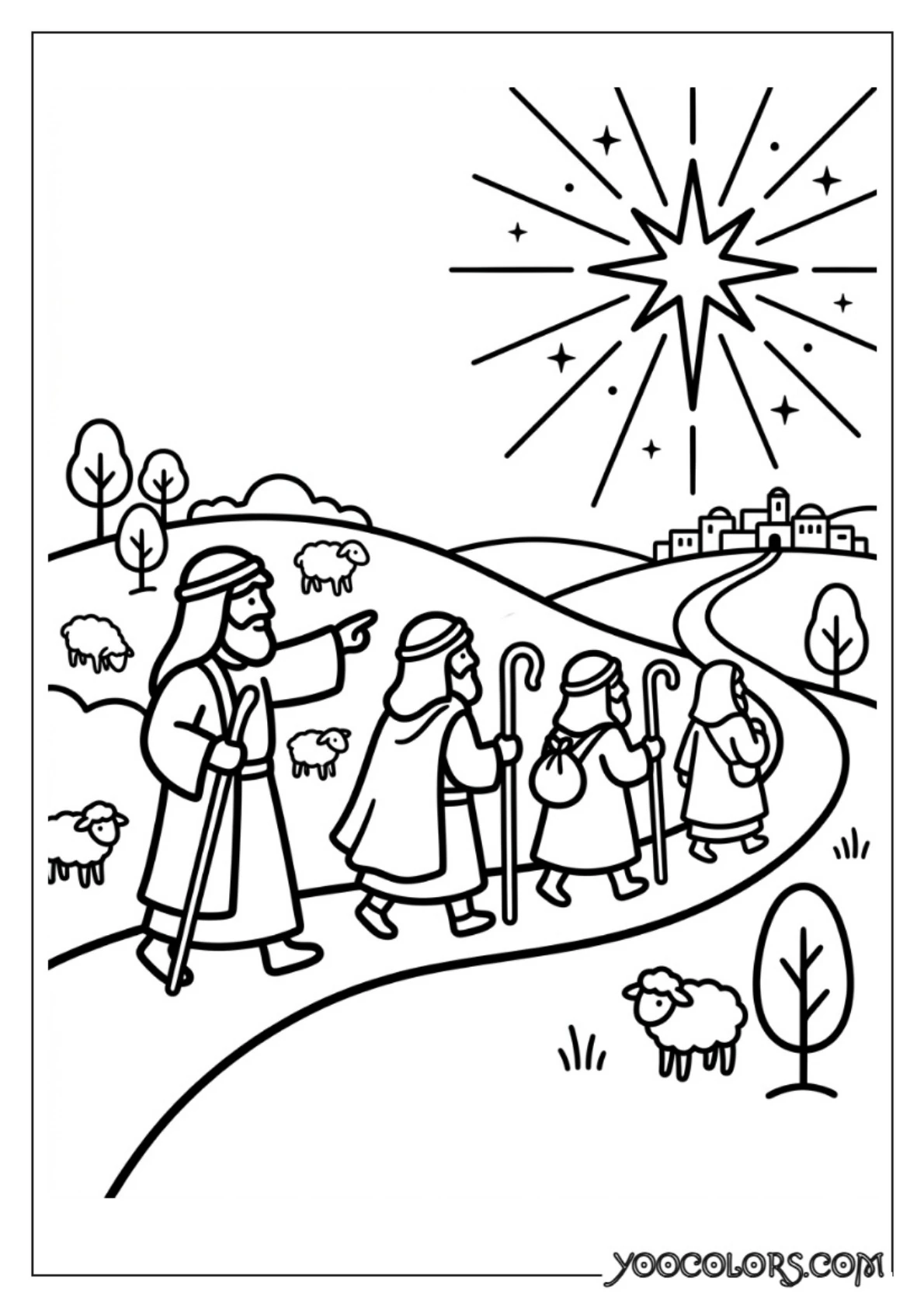 Nativity Coloring Pages: Free Printable Christmas Scenes for Kids 53 Shepherds walking toward star