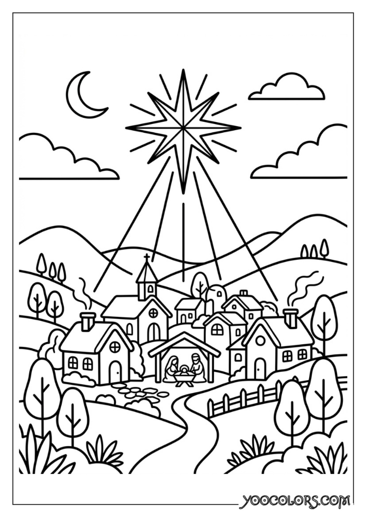 Nativity Coloring Pages: Free Printable Christmas Scenes for Kids 75 Star shining over town outline