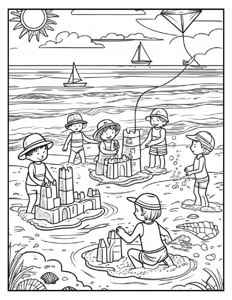 50 Fun And Easy, Free Printable Simple Summer Coloring Pages 33 summer coloring sheet Children Playing at the Beach 1 pdf
