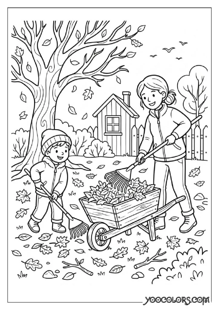 34 Fall Coloring Pages for Kids: Fun, Free & Creative Autumn Printables 4 Child raking leaves with parent 202609071114 pdf