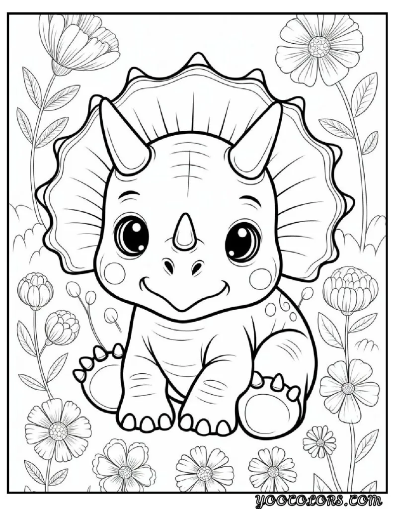 Cute Dinosaur Coloring Pages for Kids: 20 Fun and Easy Designs 3 Cute Dinosaur Coloring Pages Baby Triceratops with flowers H2 Stegosaurus with colorful plates pdf