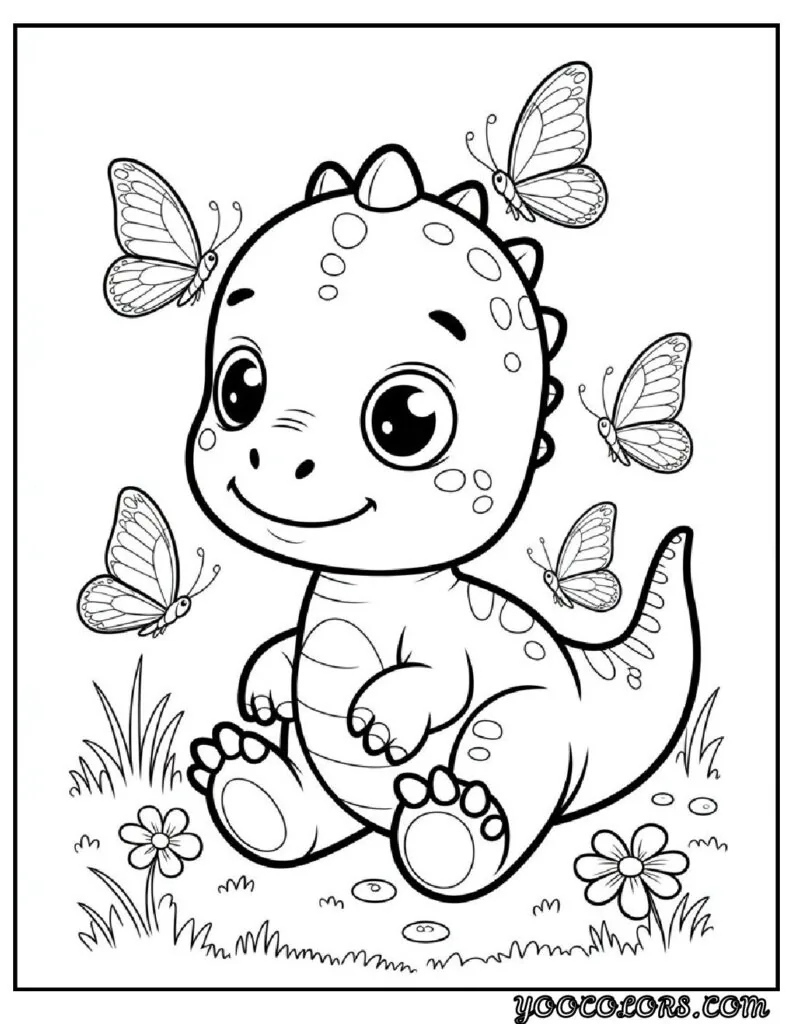 Cute Dinosaur Coloring Pages for Kids: 20 Fun and Easy Designs 19 Cute Dinosaur Coloring Pages Baby dinosaur with butterflies pdf