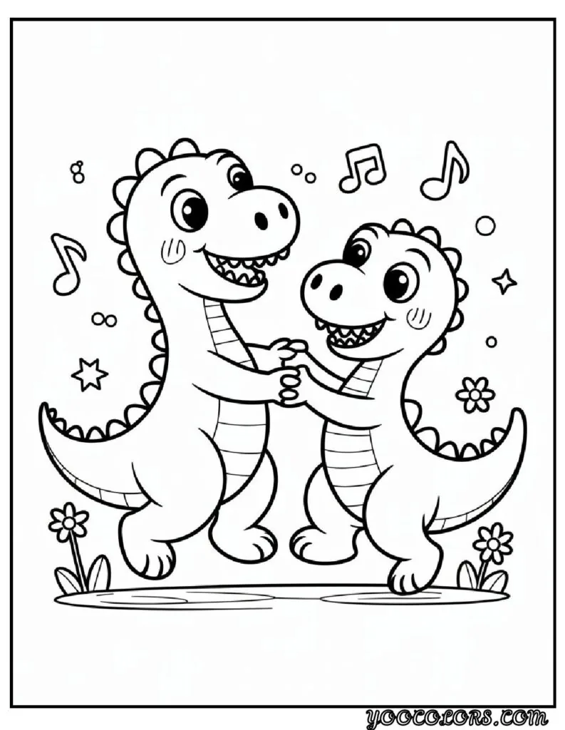 Cute Dinosaur Coloring Pages for Kids: 20 Fun and Easy Designs 9 Cute Dinosaur Coloring Pages Dancing dinosaur duo pdf