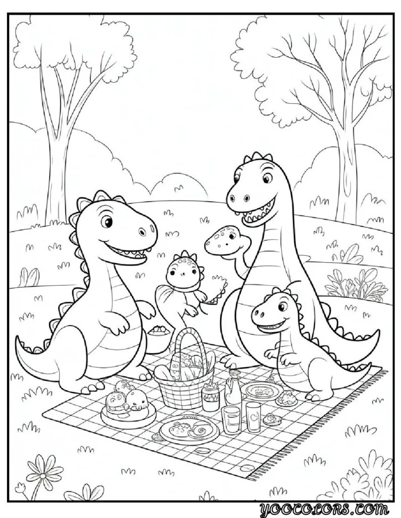 Cute Dinosaur Coloring Pages for Kids: 20 Fun and Easy Designs 12 Cute Dinosaur Coloring Pages Dino family picnic pdf