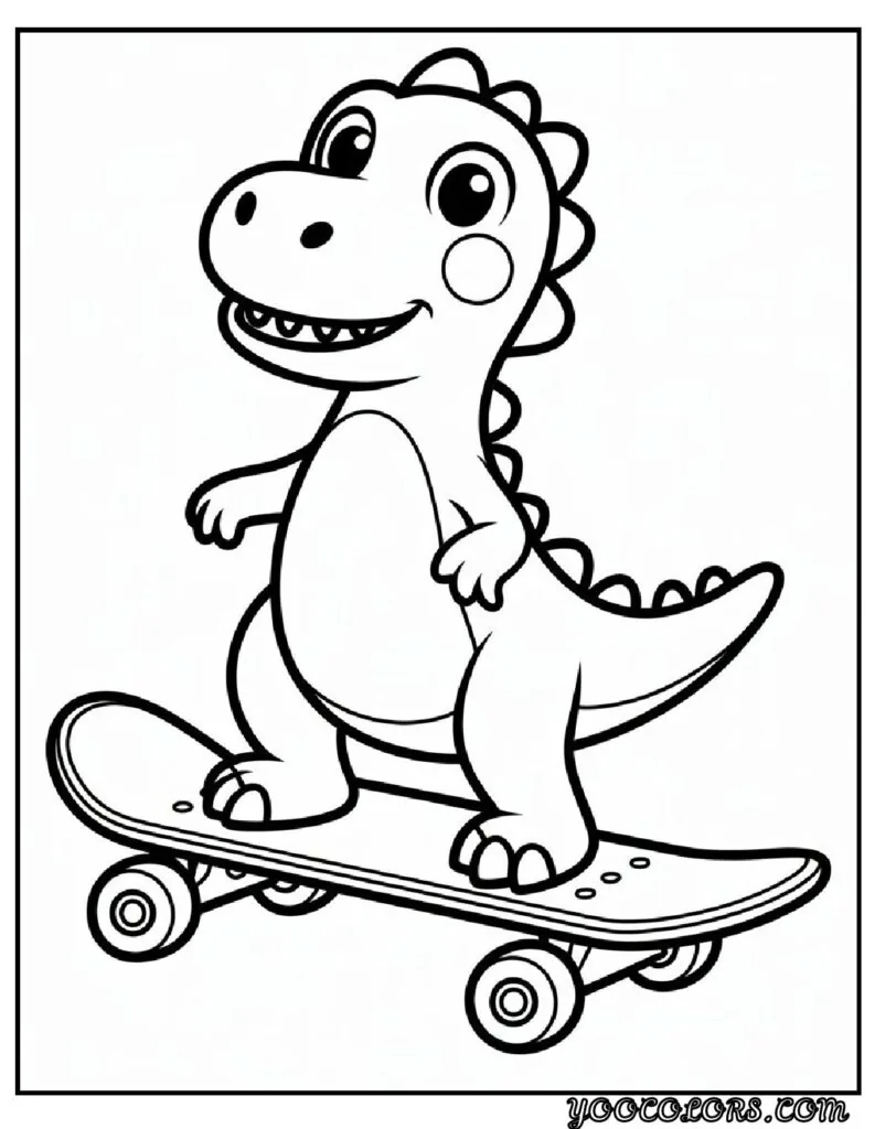 Cute Dinosaur Coloring Pages for Kids: 20 Fun and Easy Designs 22 Cute Dinosaur Coloring Pages Dinosaur riding a skateboard pdf