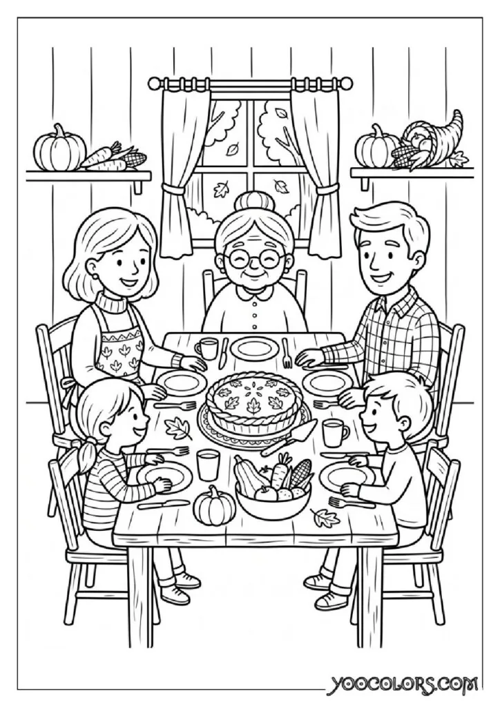 34 Fall Coloring Pages for Kids: Fun, Free & Creative Autumn Printables 7 Family gathered for harvest dinner 202609071114 pdf