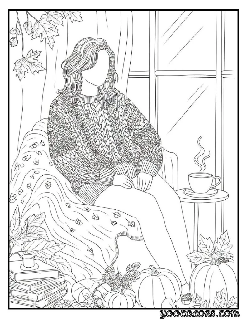 20 Free Fall Coloring Pages to Inspire Creativity This Season 8 Free Fall Coloring Pages Cozy fall sweater scene pdf