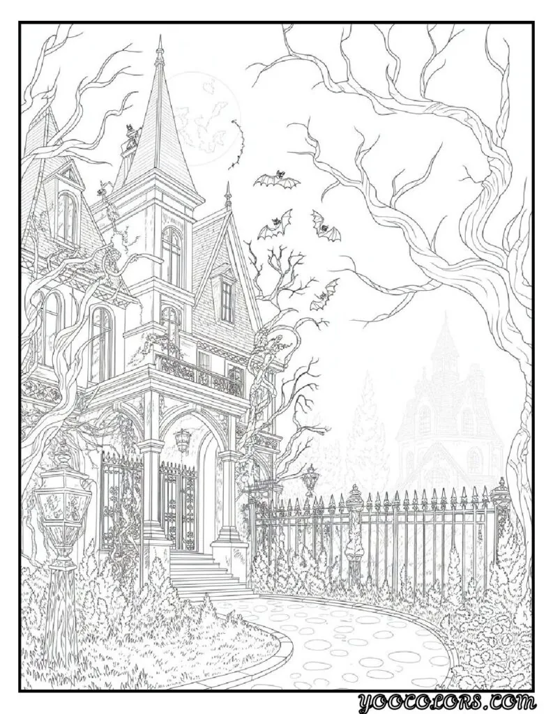 Gothic Coloring Pages for Adults: Top 20 Designs to Download as PDF and Png Files. 8 Gothic coloring pages Haunted Mansion Scenes pdf