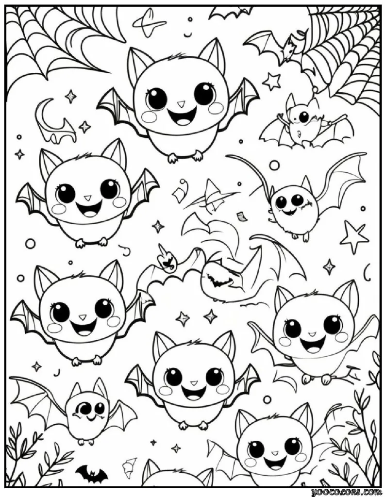 Halloween Coloring Pages for Kids Featuring 16 Cute and Friendly Characters and Scenes 6 Halloween Coloring Pages for Kids Cartoon Bats with Playful Expressions pdf