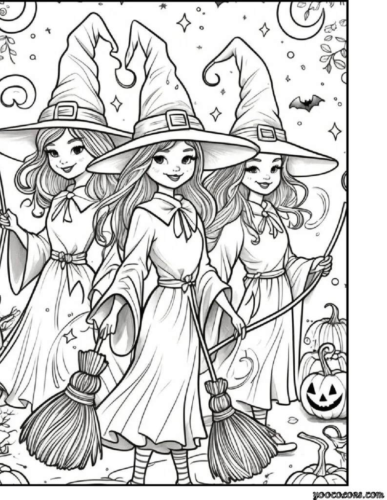 Halloween Coloring Pages for Kids Featuring 16 Cute and Friendly Characters and Scenes 5 Halloween Coloring Pages for Kids Friendly Witches with Brooms Illustrations pdf