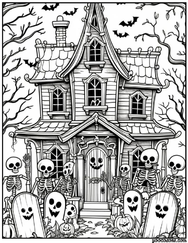 Halloween Coloring Pages for Kids Featuring 16 Cute and Friendly Characters and Scenes 9 Halloween Coloring Pages for Kids Haunted House Outlines with Friendly Skeletons pdf