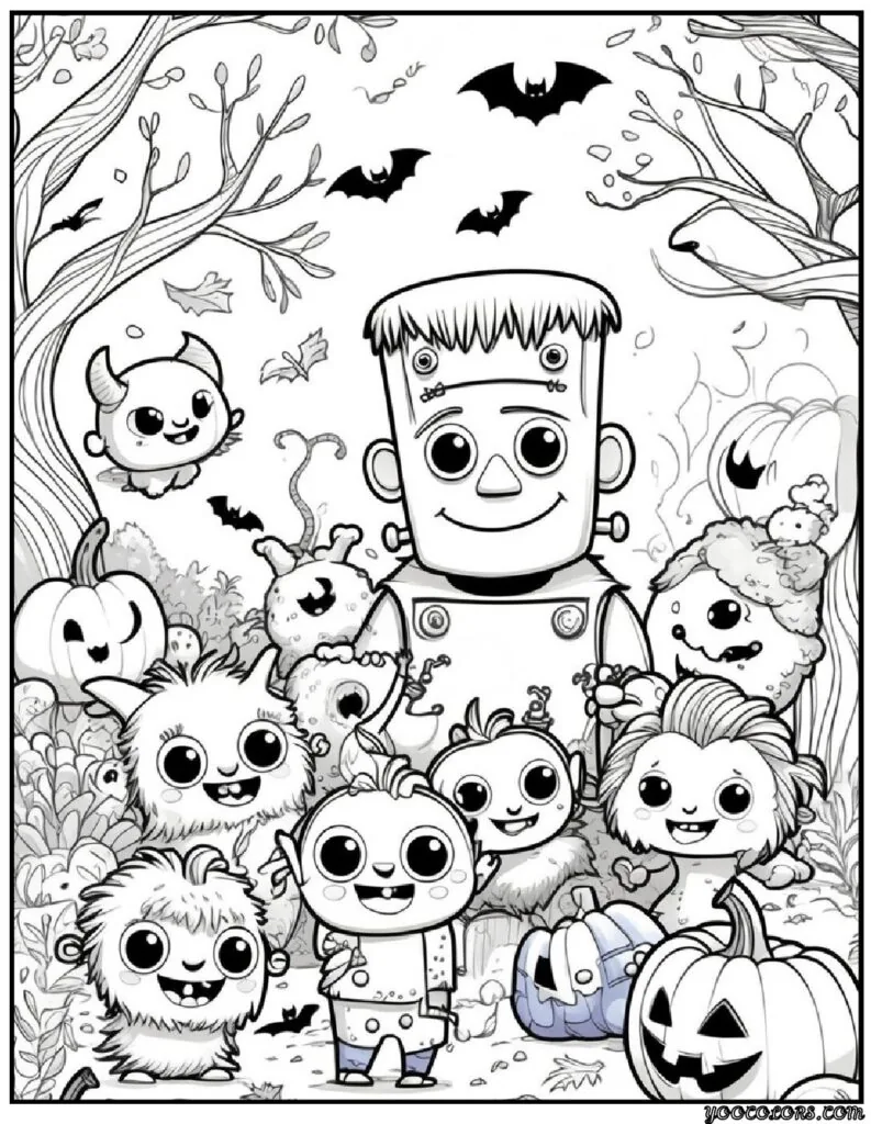 Halloween Coloring Pages for Kids Featuring 16 Cute and Friendly Characters and Scenes 8 Halloween Coloring Pages for Kids Little Monsters and Frankenstein Coloring pdf