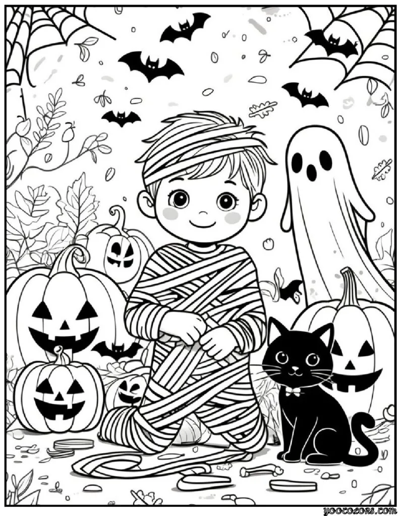 Halloween Coloring Pages for Kids Featuring 16 Cute and Friendly Characters and Scenes 11 Halloween Coloring Pages for Kids Mummy Wrapping and Halloween Fun pdf