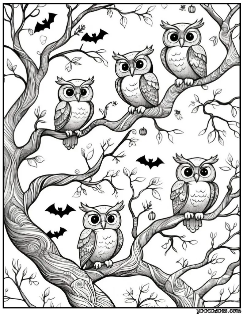 Halloween Coloring Pages for Kids Featuring 16 Cute and Friendly Characters and Scenes 17 Halloween Coloring Pages for Kids Playful Owls on Tree Branches pdf