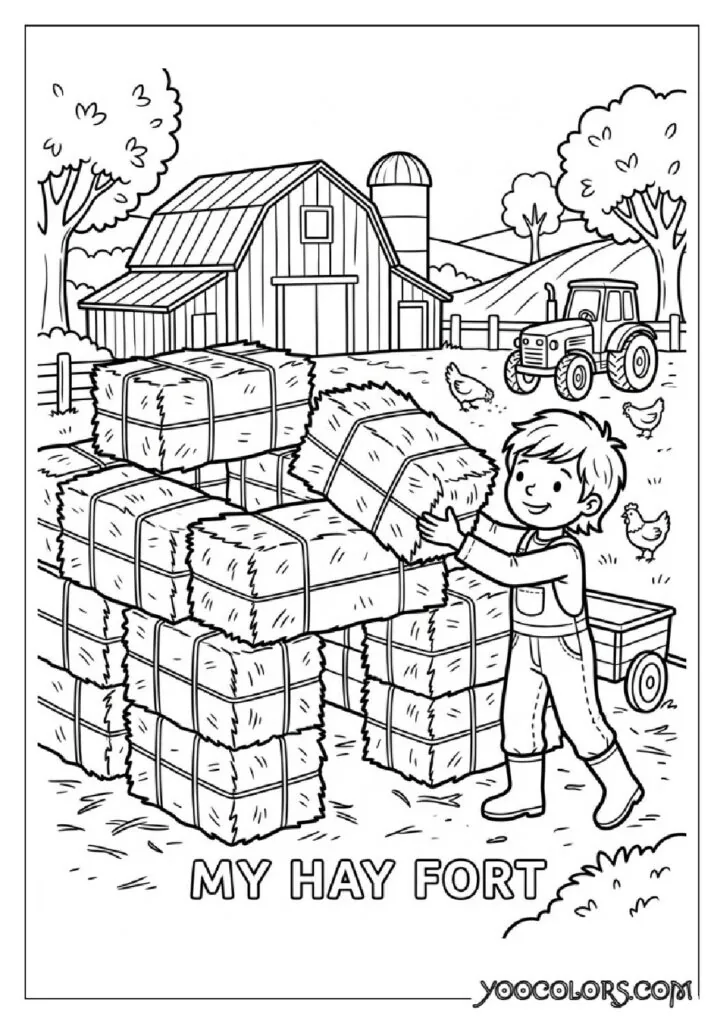 34 Fall Coloring Pages for Kids: Fun, Free & Creative Autumn Printables 14 Kid building fort with hay 202609071114 pdf