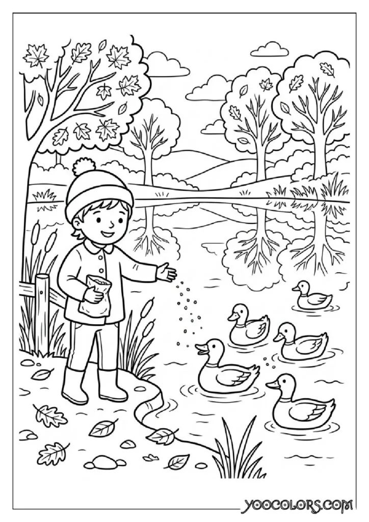 34 Fall Coloring Pages for Kids: Fun, Free & Creative Autumn Printables 13 Kid feeding ducks at pond 202609071114 pdf