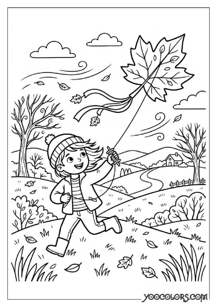 34 Fall Coloring Pages for Kids: Fun, Free & Creative Autumn Printables 16 Kid flying leaf kite 202609071114 pdf