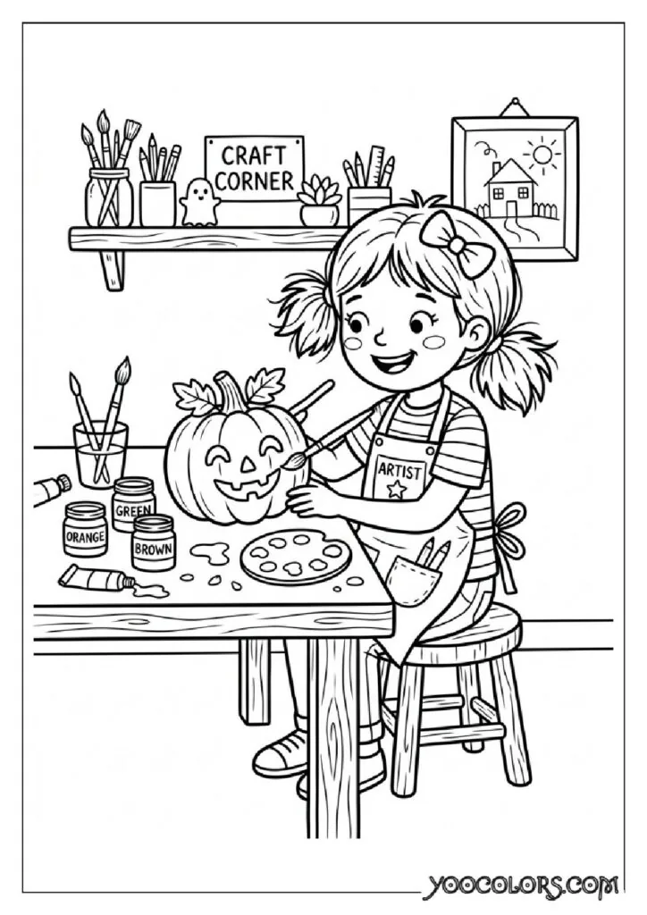 34 Fall Coloring Pages for Kids: Fun, Free & Creative Autumn Printables 18 Kid painting wooden pumpkin 202609071114 pdf